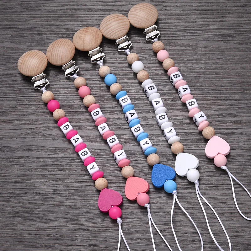 Baby Beech Wood Pacifier Clip Personalized Name Silicone Beads Nipple Chain Anti-Drop Teether Teething Chain Nursing Shower Toy