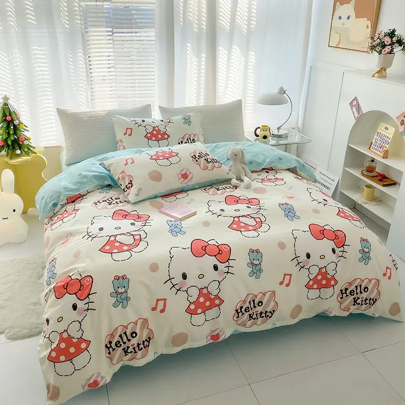 

Новый милый и милый мультяшный принт Hello Kitty, мягкие и удобные постельные принадлежности из чистого хлопка, простыни и пододеяльник, комплект из трех предметов