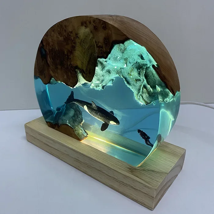 زخرفة من الراتنج الخشبي الصلب، قاتل المحيط الأزرق، الحوت غواص، زخرفة فنية منزلية، ضوء ليلي، ضوء محيط، هدية العيد
