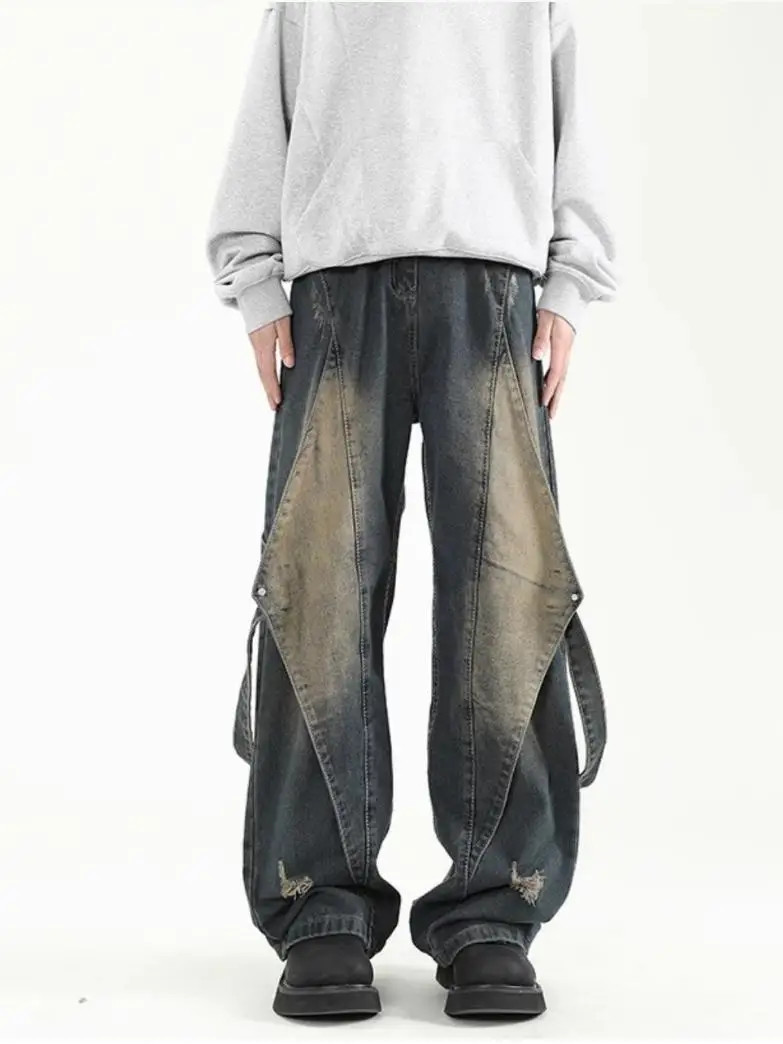 

Retro American Heavy Du Distred Workwear Jeans Men's Loose Straight Leg Spring Autumn Splicing High-End Feeling Long Tro...