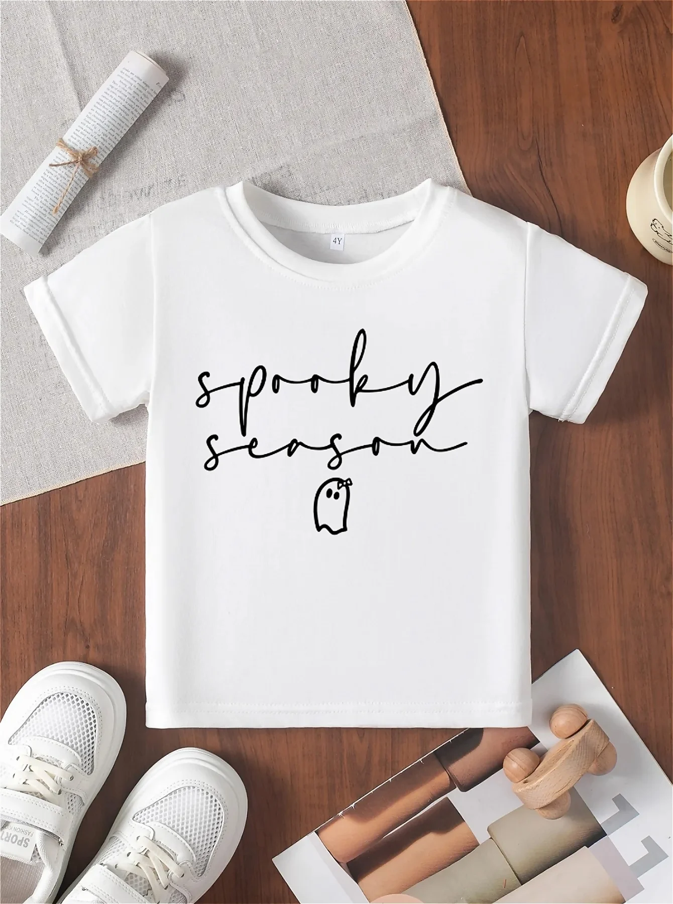 تي شيرت للأولاد مطبوع عليه حروف الهالوين من إيري، نمط شبح، رقبة دائرية وأكمام قصيرة #2