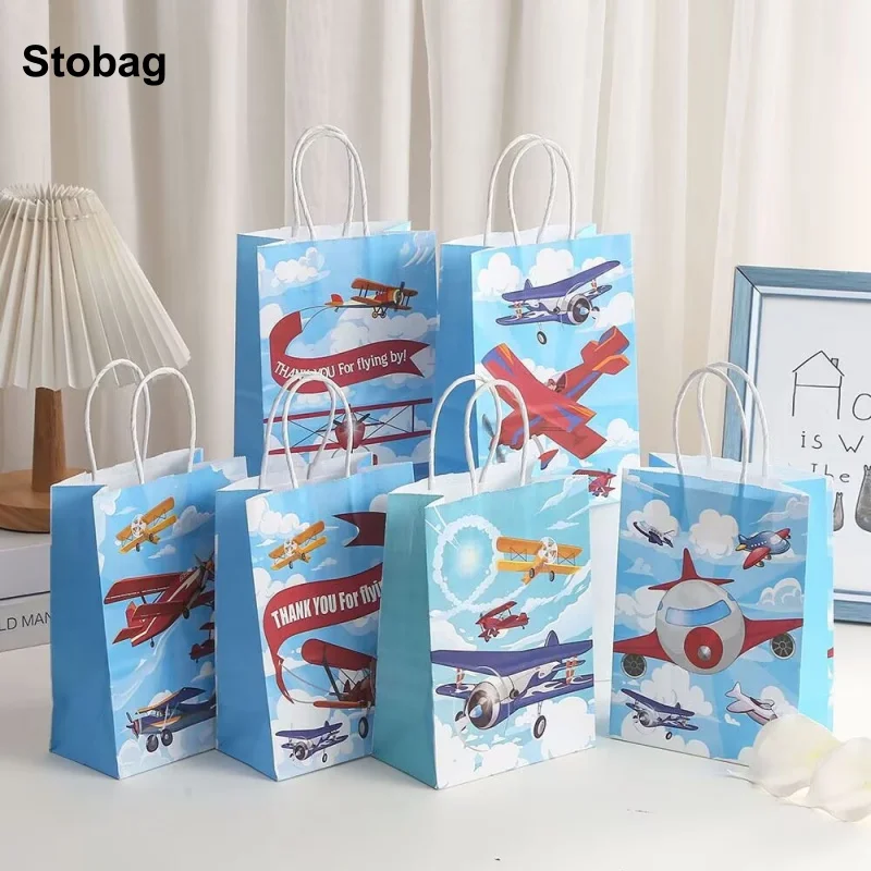 

StoBag 24pcs Cartoon Aircraft Kraft paper Gift Tote Packaging Bags Kids Children for Candy Snack Storage Pouch Birthday Party