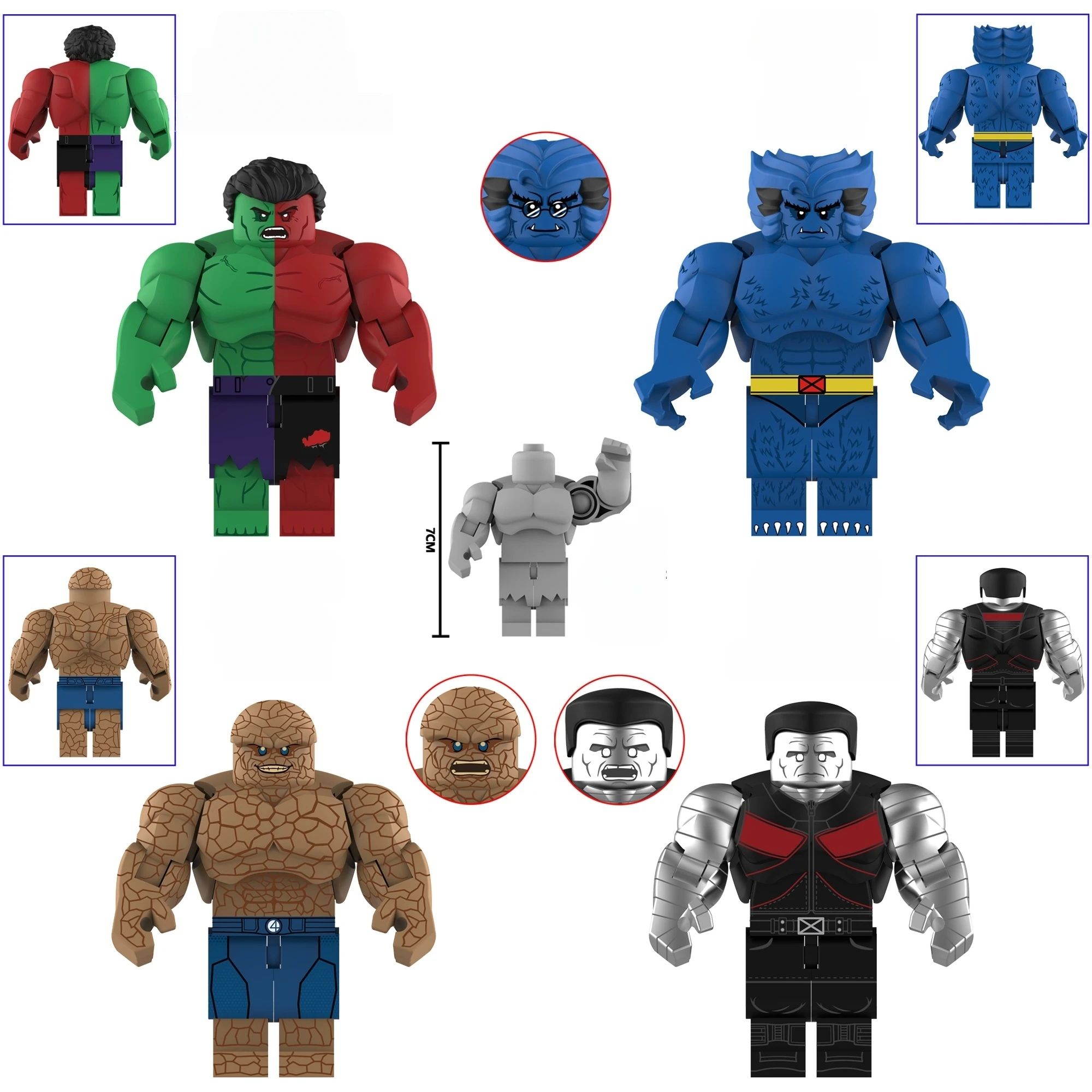 

7cm Large Size Super Power Hero Compound Green Red Giant Blue Beast Stone Man Steel Arm Collectible Building Blocks Action Figure