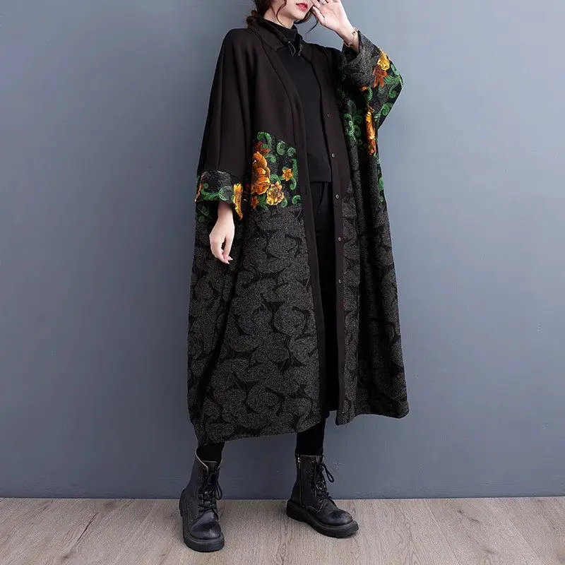 Extra Large Size Korean Printed Loose Sleeved Trench Coat 2023 Autumn Lazy Irregular Long Women Retro Printed Windbreker z2827