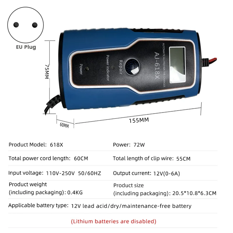 12V Fully Automatic Smart Charger 6A High Power Portable Car Motorcycle Battery Charger for Battery Charging EU Plug