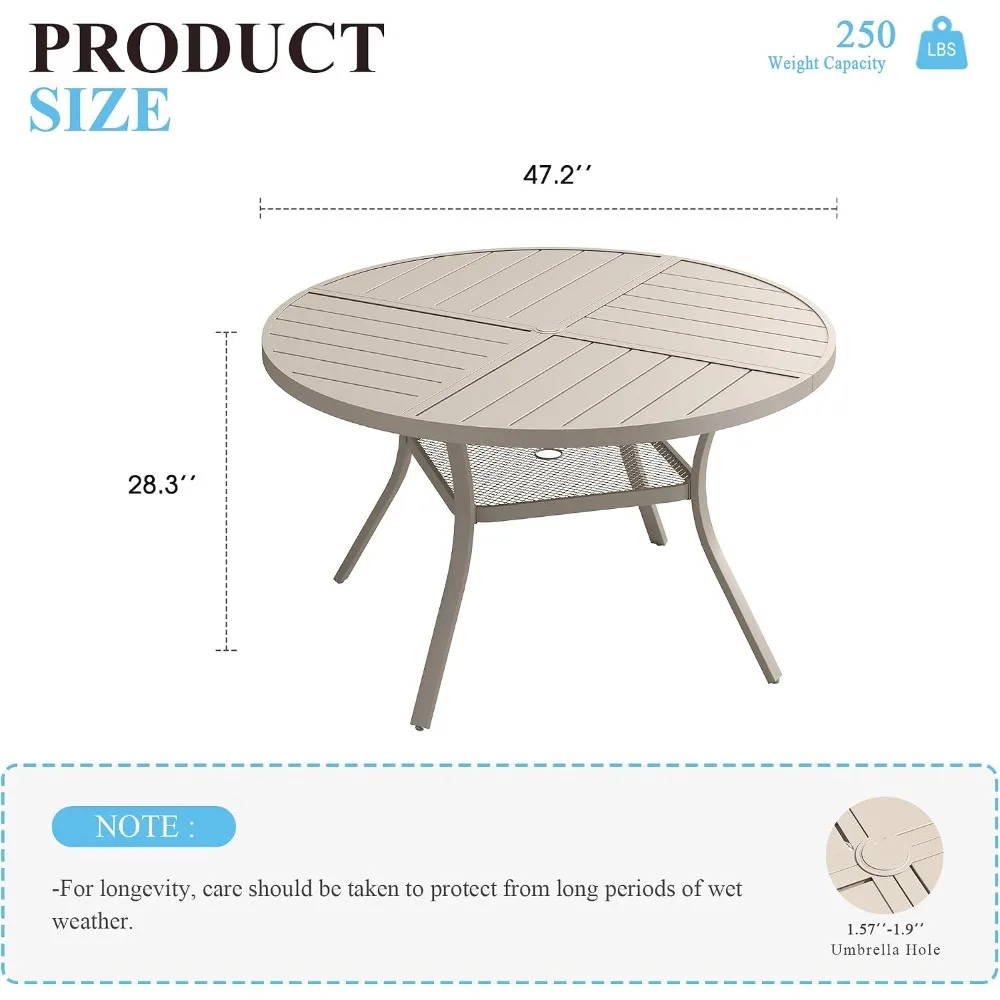 47.2 Inch Round Patio Table with Umbrella Hole, Metal Outdoor Dining Table for 6