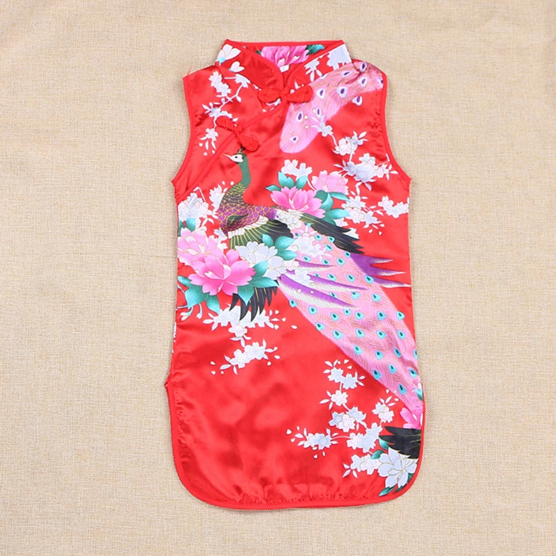 Cheongsam Dress 2Y-8Y Baby Girl Summer Clothes Peacock Sleeveless Slim Traditional Dress Child Girls Clothes Chinese Style Qipao