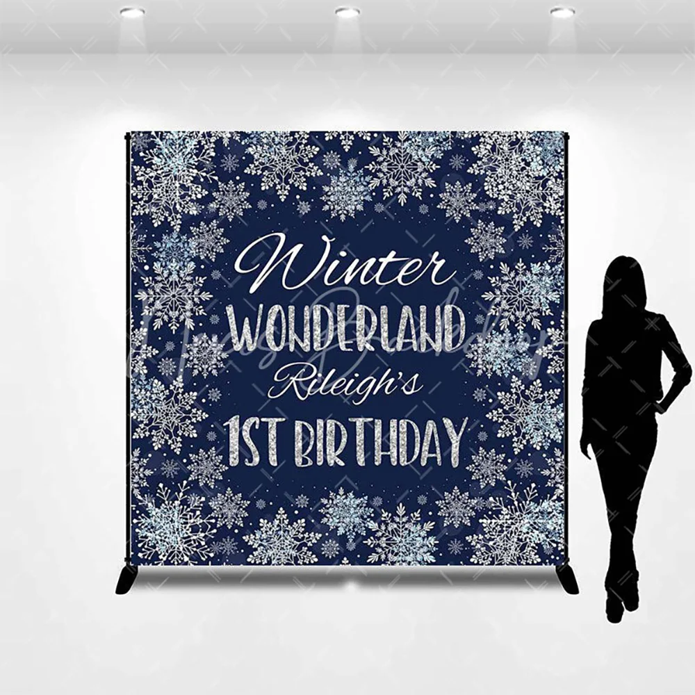 Custom Name Blue Snowflake Boy 1st Birthday Backdrop, Winter Frozen Photography Background Photo Booth Studio Decoration view 2