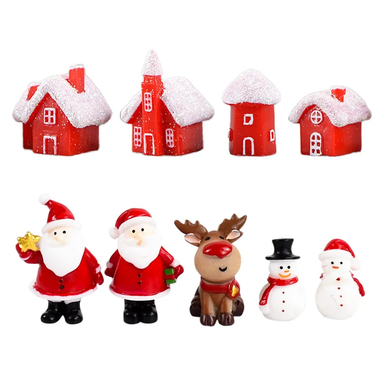 Christmas House Santa Claus Sled Tree Snowman Figurine Doll House Home Decor Miniature Garden Decoration Accessories