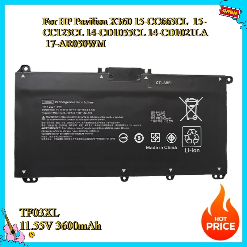 

New Replacement Battery for HP Pavilion X360 15-CC665CL 15-CC123CL 14-CD1055CL 14-CD1021LA 17-AR050WM TF03XL 11.55V 3600mAh
