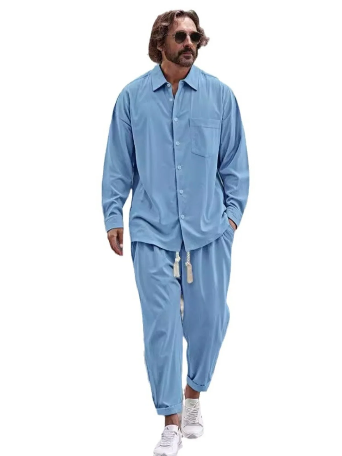 

Casual Longsved irt And Trousers Two Suits Youth Spring Autumn Straight Leg Casual Pants Pure Color Active Sle