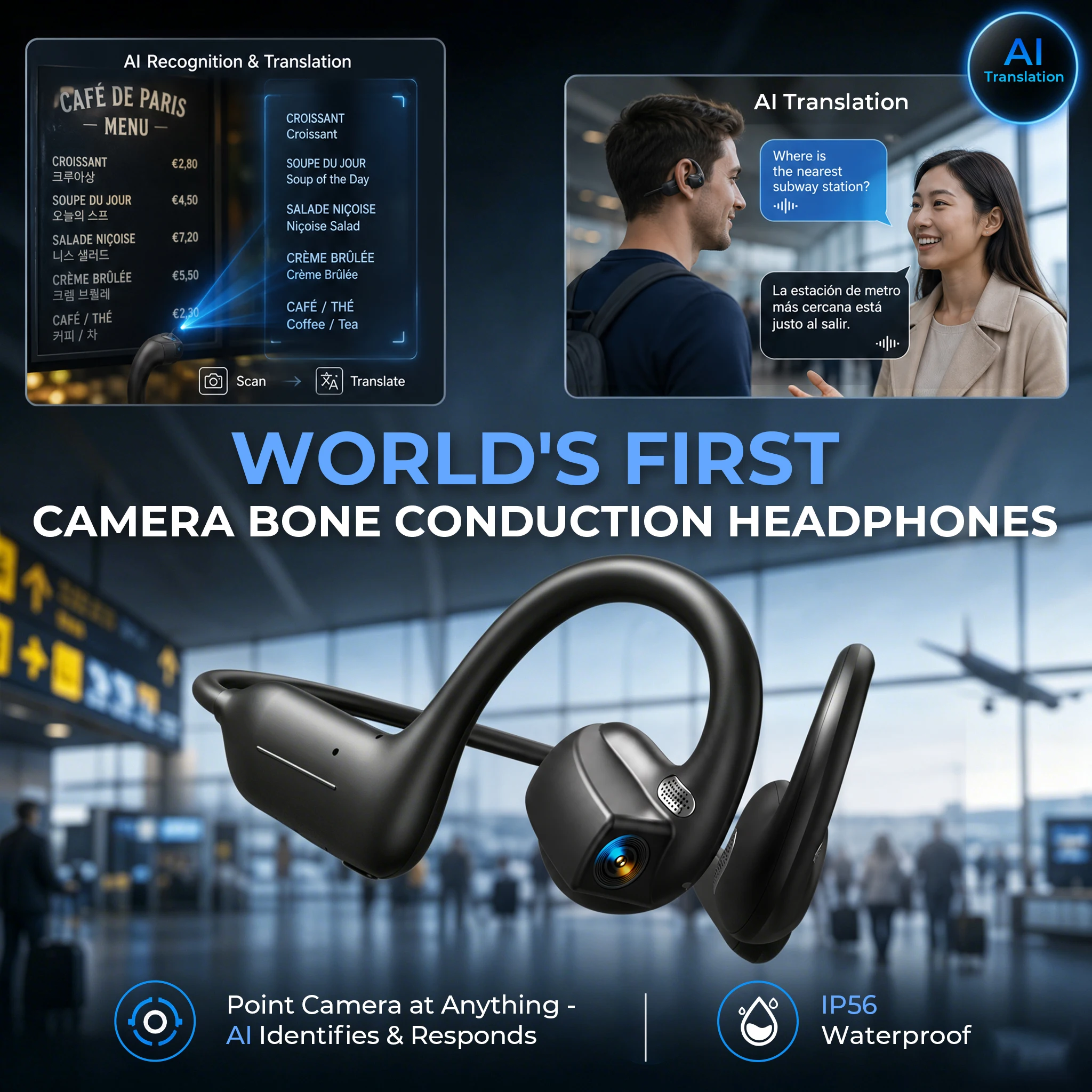 Casque à conduction osseuse avec caméra EIS 8MP, traduction IA, oreille libre, stockage 8 Go pour les passionnés de plein air, le cyclisme, les voyages et la réalisation de vlogs