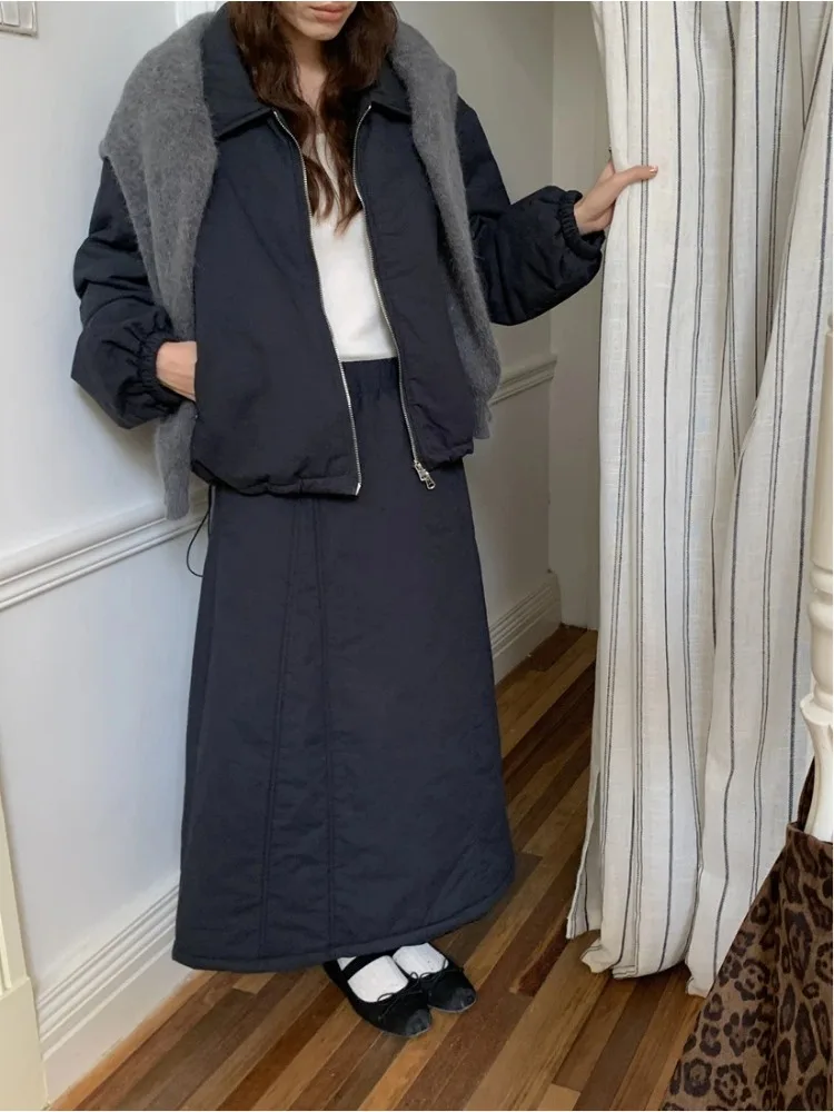Casual Parkas Two Piece Set Women for Winter Quilted Matching Set Zip UpJacket Coat and Elastic Waist A-line Skirts 2025
