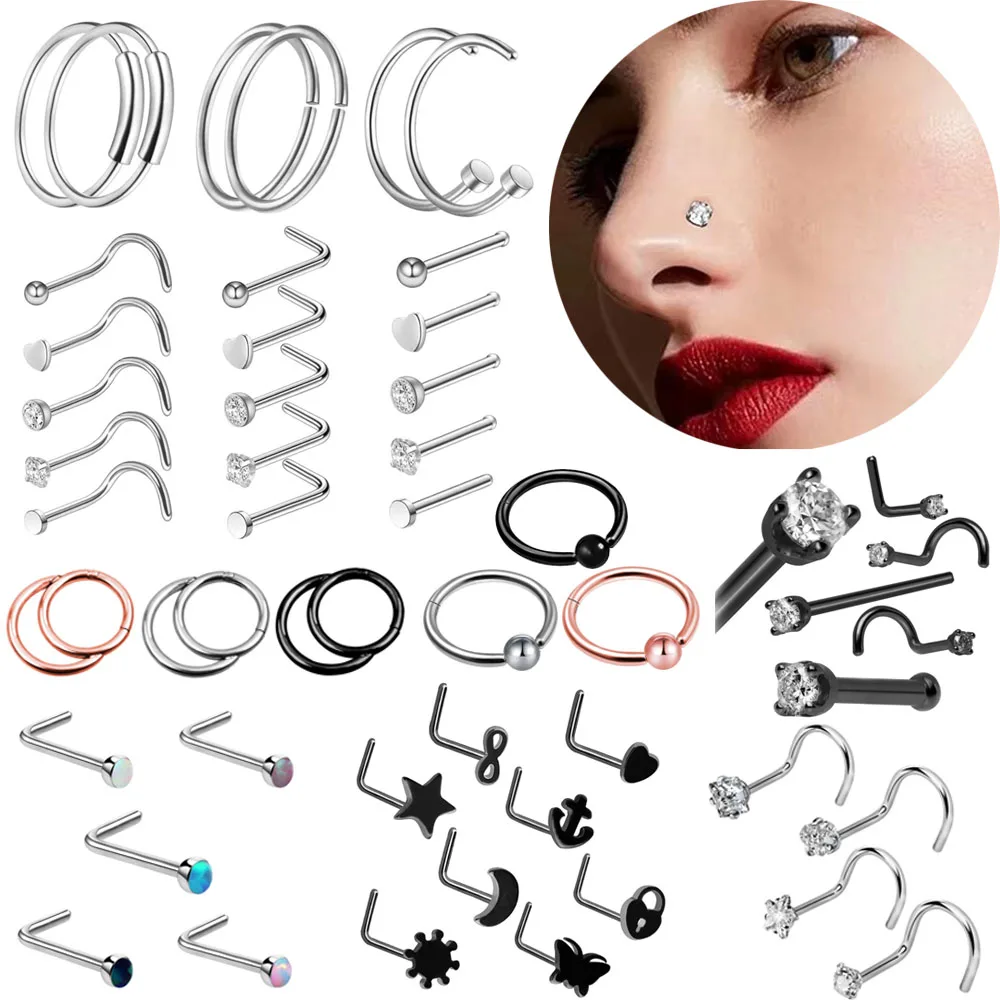 Lot de 3/4/5/8/10/15/30 faux anneaux de piercing pour le nez, en forme de L, S et courbés, en acier, avec étoiles, cœurs et lunes, bijoux pour le nez