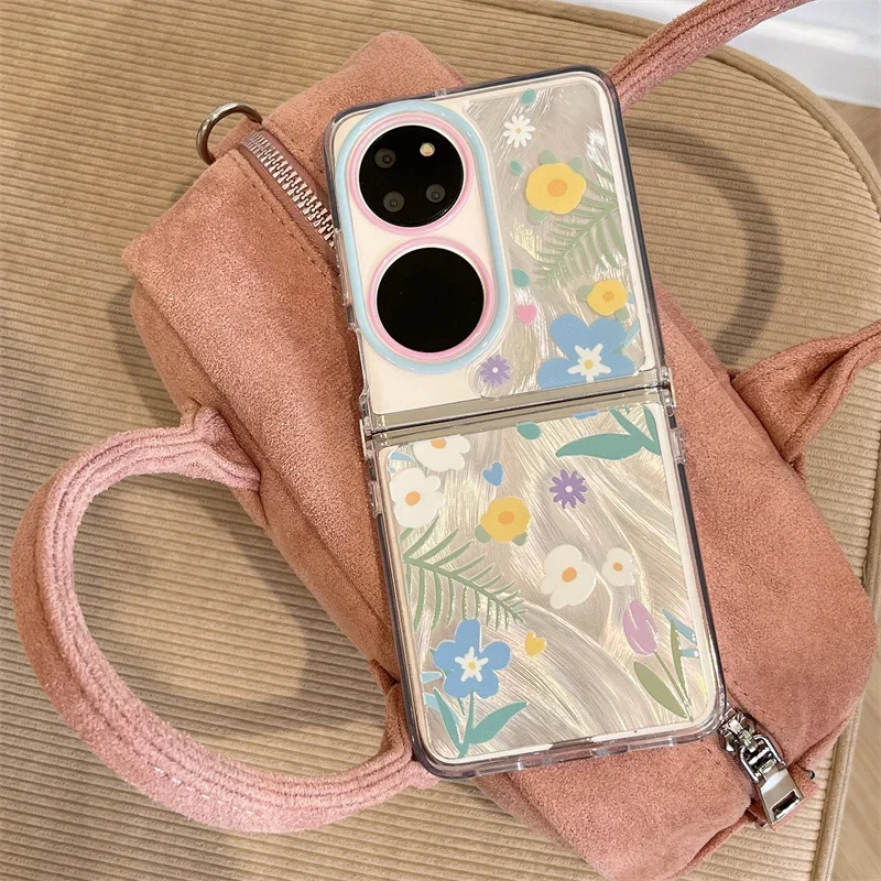 

Kawaii Feather yarn Flowers and leaves Cat Phone Case For Samsung Galaxy Z Flip6 5 4 3 Z Flip3 Flip4 Flip5 5G Cover Pendant case