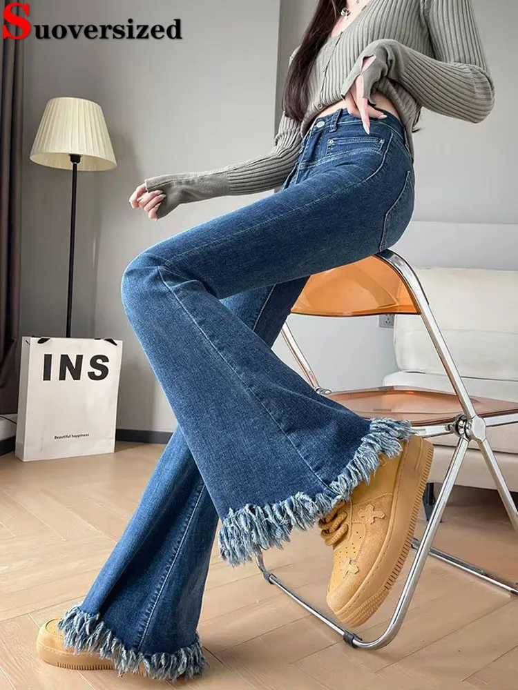 

Винтажная уличная одежда, джинсы с высокой талией, широкие джинсовые брюки с бахромой и высокой талией, модные корейские широкие брюки в стиле ретро, Vaqueros