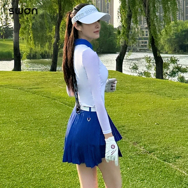 SG Women Thin Cooling Golf Wear Sunscreen Long-sleeved T-shirt Girl High Waist Pleated Skirt with Inner Shorts Golf Culotte Sets