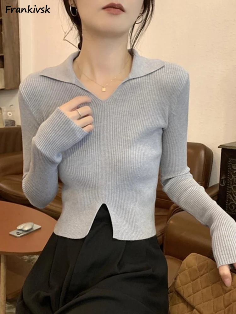 

Sweaters Women Solid All-match Slit Elegant Slim V-neck Niche Design Ins Streetwear Mild Spring Leisure Trendy Chic Simple Daily