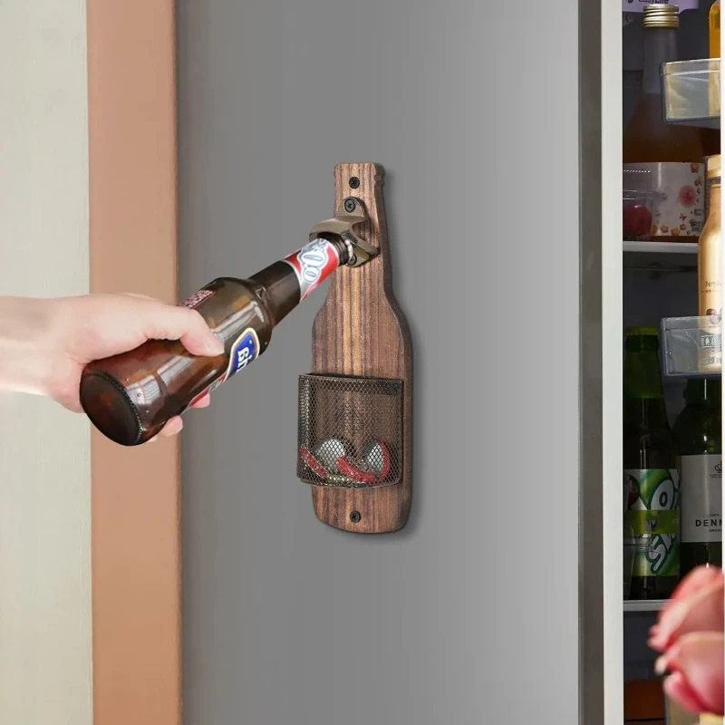 Wall Mounted Beer Bottle Opener with Creative Cap Catcher Decorative Accessory for Kitchen Bar Home Wall Decor