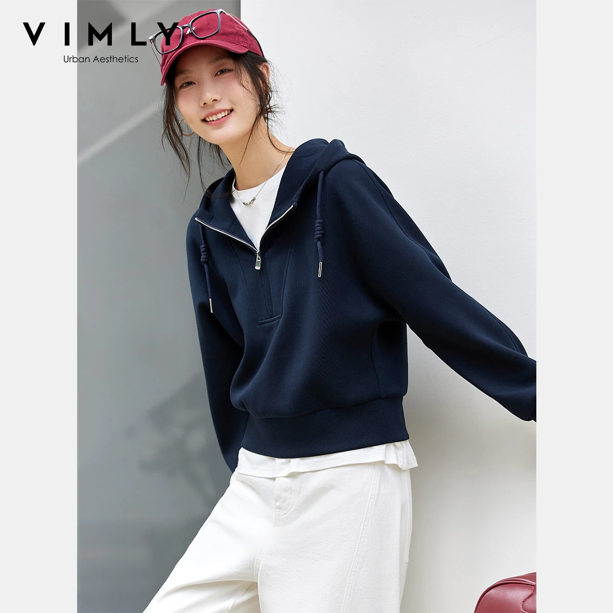 

VIMLY Navy Blue Casual Hoodies Women Autumn 2025 New Half-zipper Short Knitted Sweater Sporty Draw String Long Sleeve Tops A2352