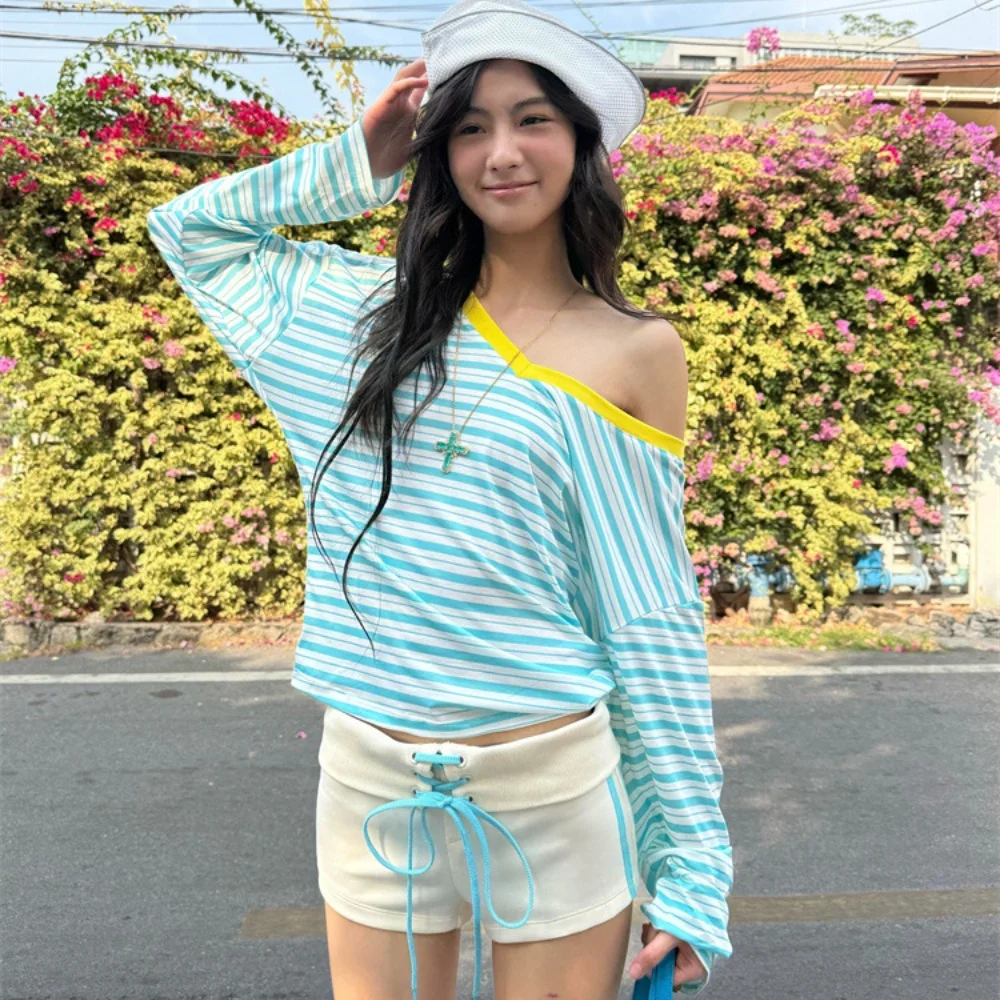 Loose Casual Vacation Style Striped V-neck Long Sleeve Sun Protection Top Summer Daily Simple Versatile Women's T-shirt Top