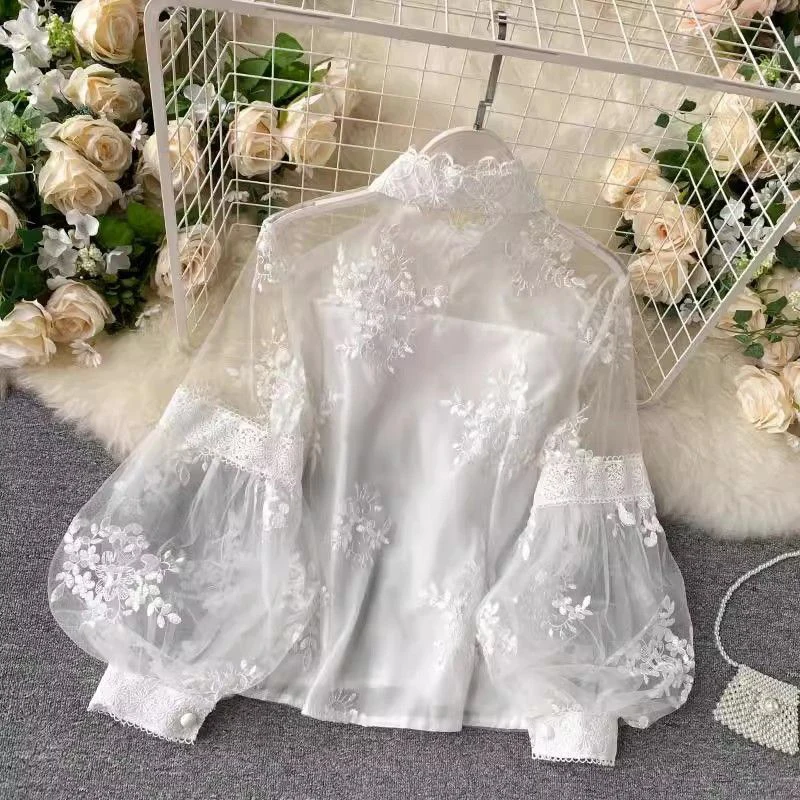 French Vintage Mesh Lace Blouse Women Elegant Puff Sleeve Sheer Casual Shirt Stand Collar Sweet White Spring Summer Jacquard Top view 6