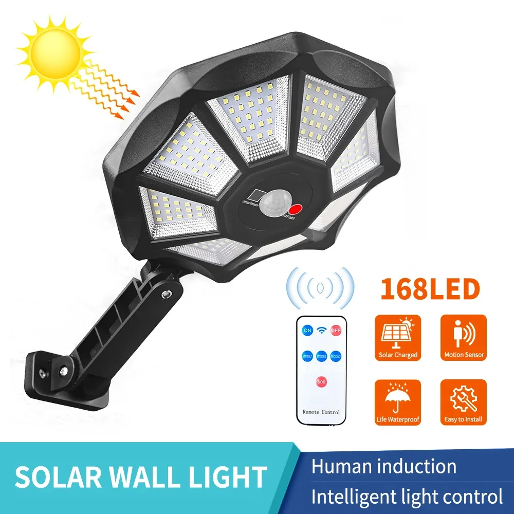 

168LED Solar Lights Outdoor 3 Modes Surfaces Flood Light with Motion Sensor Waterproof Solar Powered Wall Lamp for Yard Garden