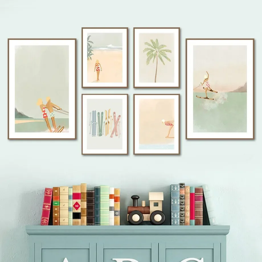 Abstract Minimalist Posters Surfer Diver Beach Palm Tree Coastal Wall Art Canvas Prints Painting Pictures for Living Room Dec