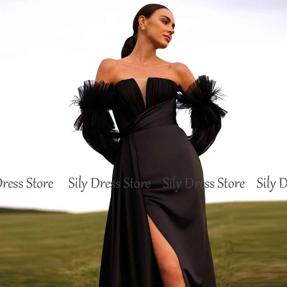 2024 Modern Dresses for Special Events Jersey A-line Valentine's Day Dress Black Net Sweetheart Side Split Pleat Prom Gown Long