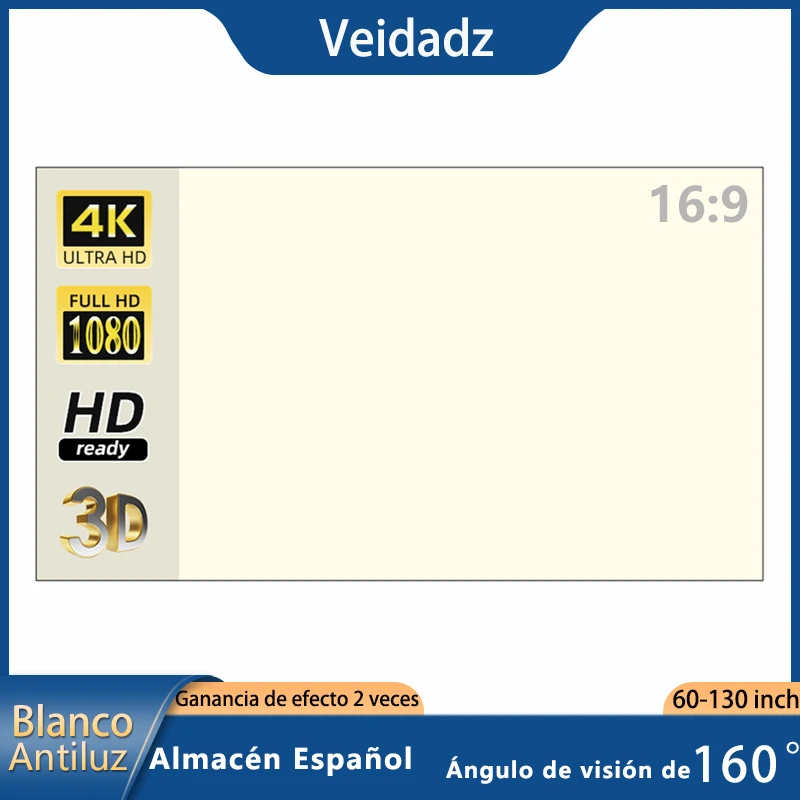 VEIDADZ Pantalla de proyección Rejilla blanca Anti-luz Pantalla de proyección 16:9 60 72 84 100 120 130 pulgadas Tela reflectante para cine en casa en interiores