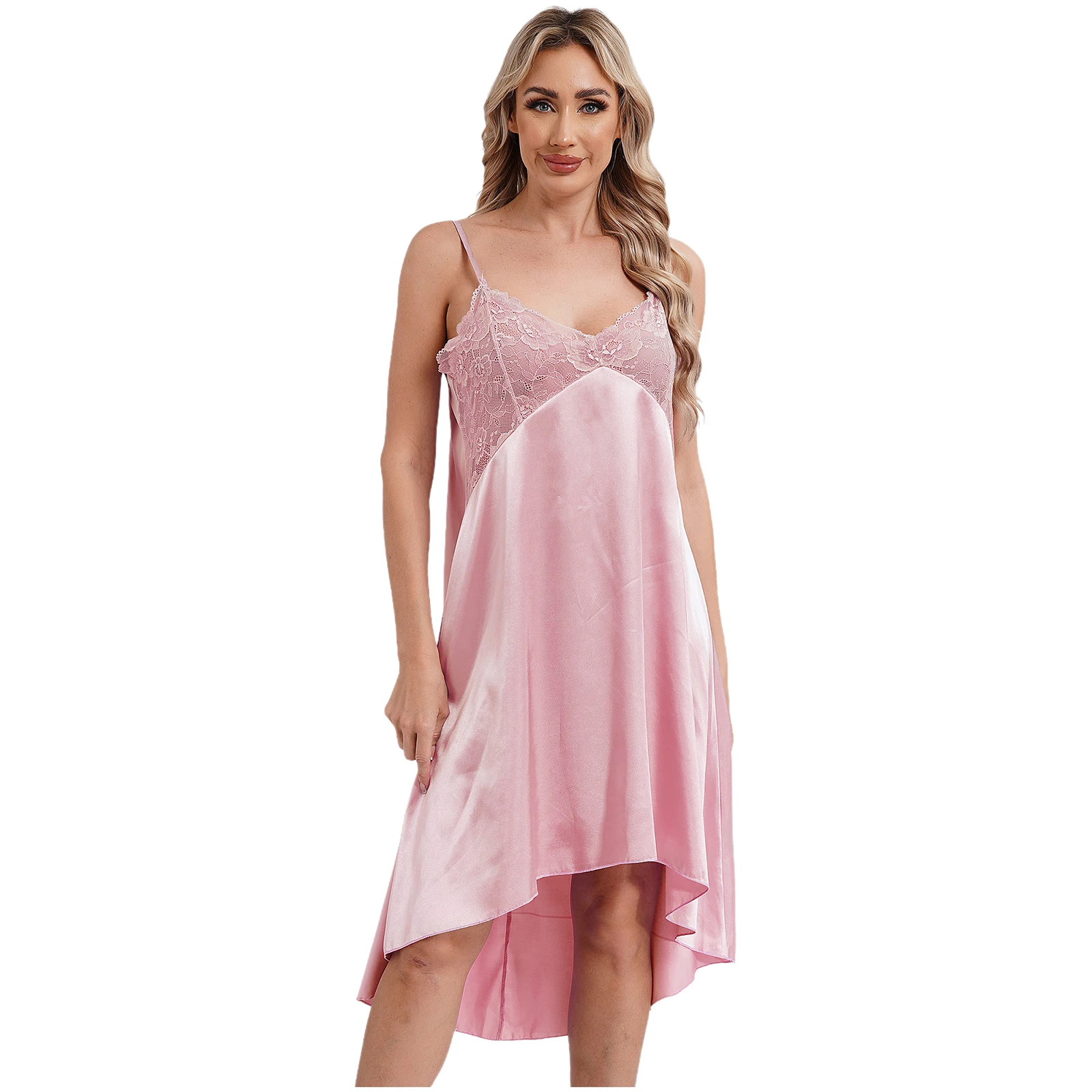 

Womens Sexy Satin Nightdress Sheer Lace Spaghetti Straps Irregular Hem V-Neck Sleep Dress Chemise Nightgown Nightwear Sleepwear