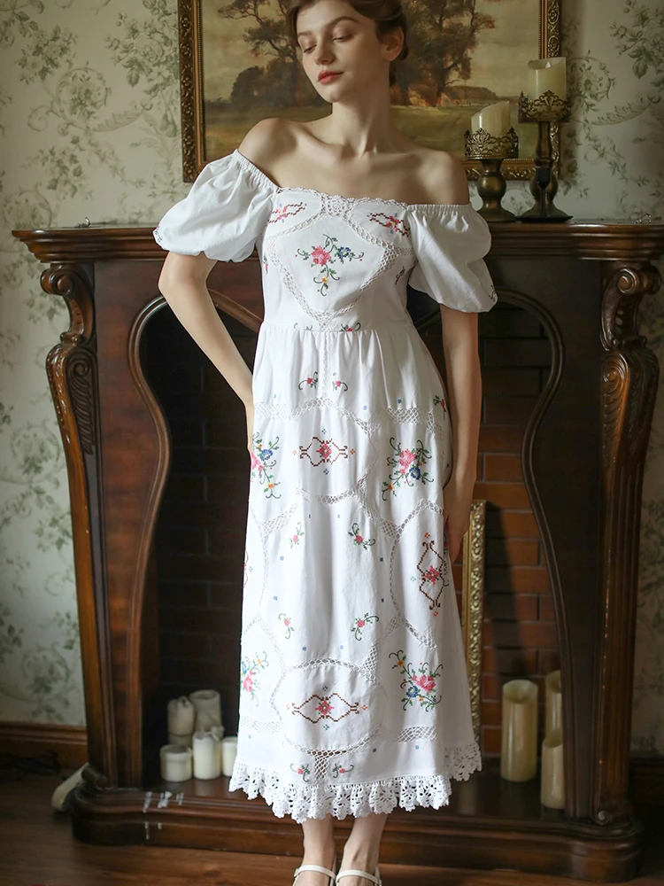 84-94cm Bust Summer White Dress For Women Antique Handmade Cross Hook Flower Embroidery Limited Edition Elegant Birthday Dress