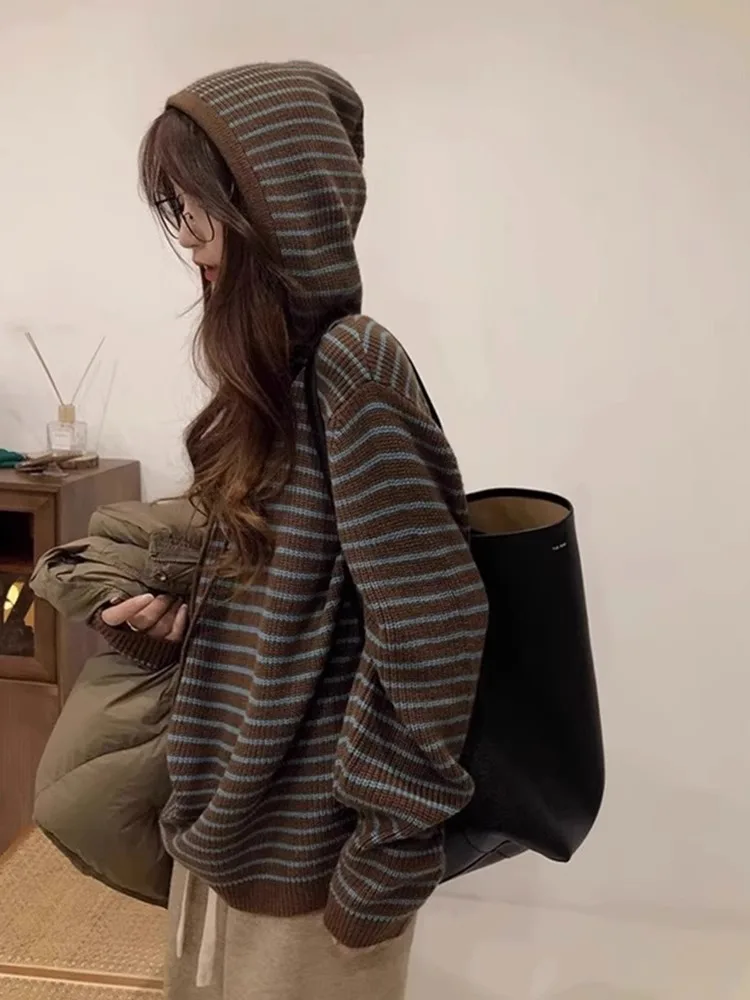 

Осенне-зимний полосатый свитшот с капюшоном, повседневный свободный трикотажный топ с длинными рукавами, модный корейский стиль для города