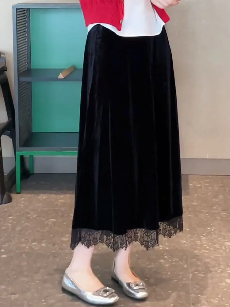 

Ele Velvet Lace Trim f Skirt High Waist Long Gown Dra Sensation Ladylike Sle Commute Vintage Rectangular Body pe