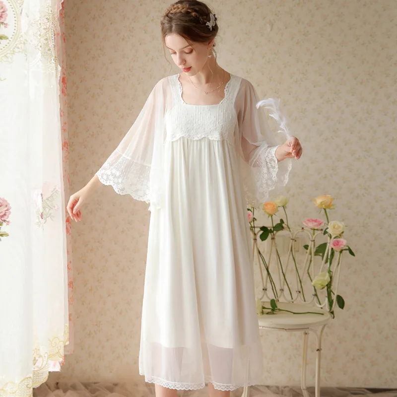 French Sexy Lace Square Collar White Nightdress Princess Vintage Embroidery Flare Sleeves Long Nightgowns Mid-Calf Modal Nightie