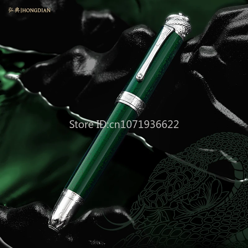 Hongdian N25 Ular Tahun Terbatas Resin Logam Hijau/Biru Pena Piston Ular Permata Pena Klip NO.6 Ujung Pena Hadiah Menulis Siswa Bisnis