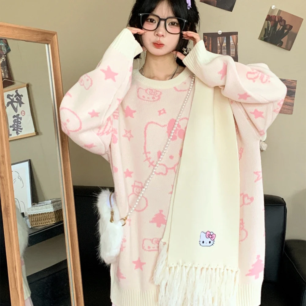 

Anime Figure Hello Kitty Knitted Sweater Tops Cute Pullover Christmas Women Sweater Kawaii Sweet Girl Student Harajuku Loose