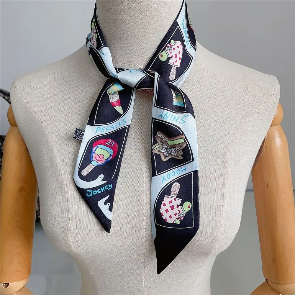 

Retro Bow Ties Long Silk Scarf Printed Ice Cream Plaid Scarf Hair Band Floral Long Ribbon Scarves Female