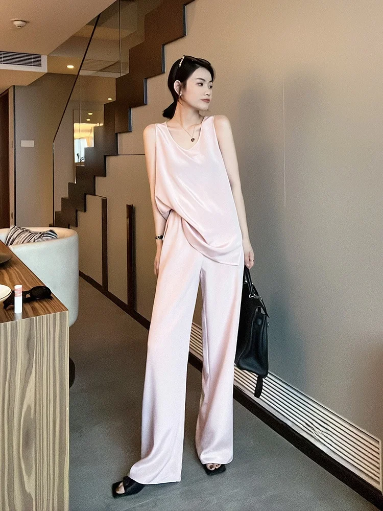 

Шелковистые гладкие повседневные длинные брюки для женщин, летние модные брюки с широкими штанинами, утягивающие, для офиса, с завышенной талией