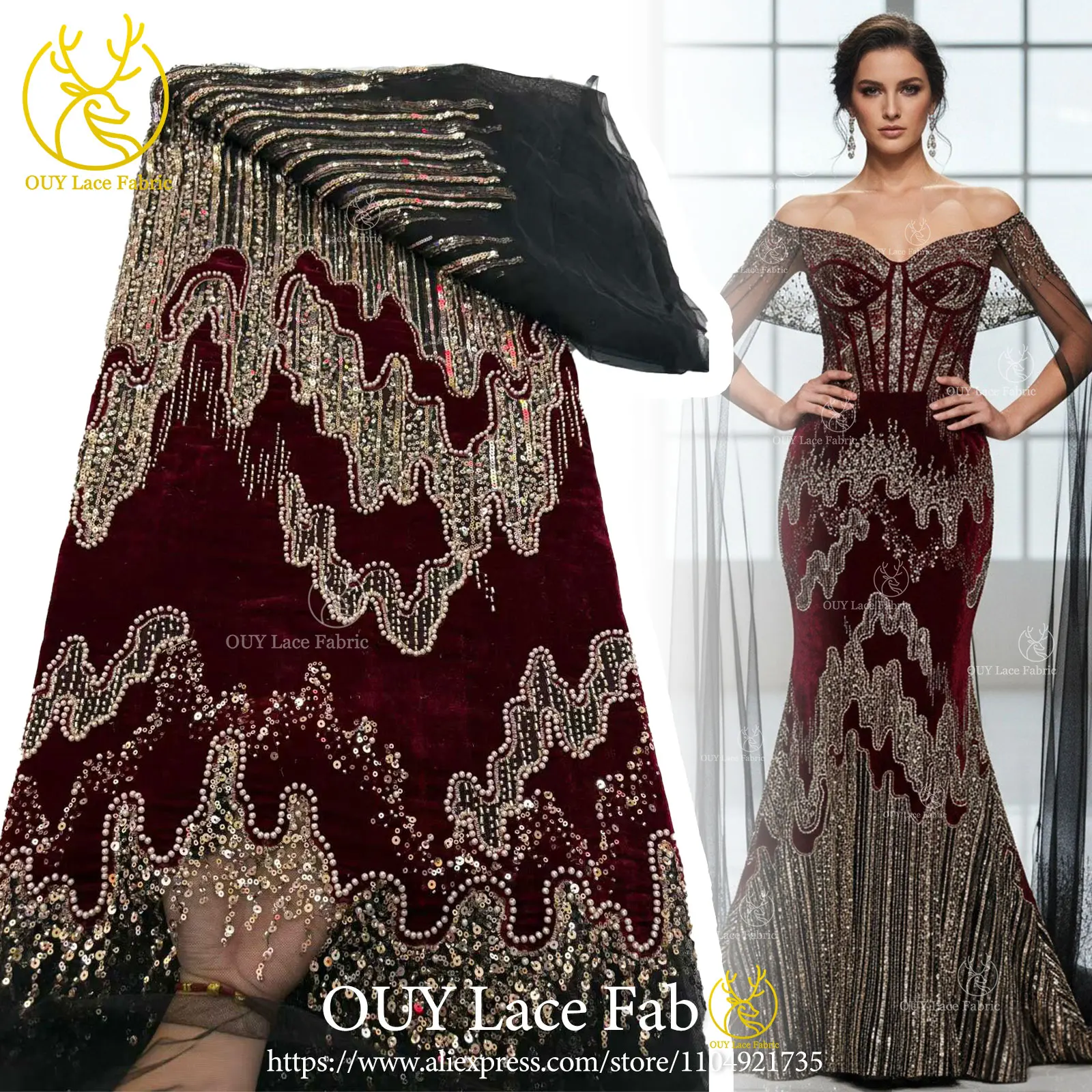 

Burgundy African Velvet Gold Beaded Sequined Lace Fabric 2026 French Embroidery Fabric for Women's Christmas Dresses Sewing