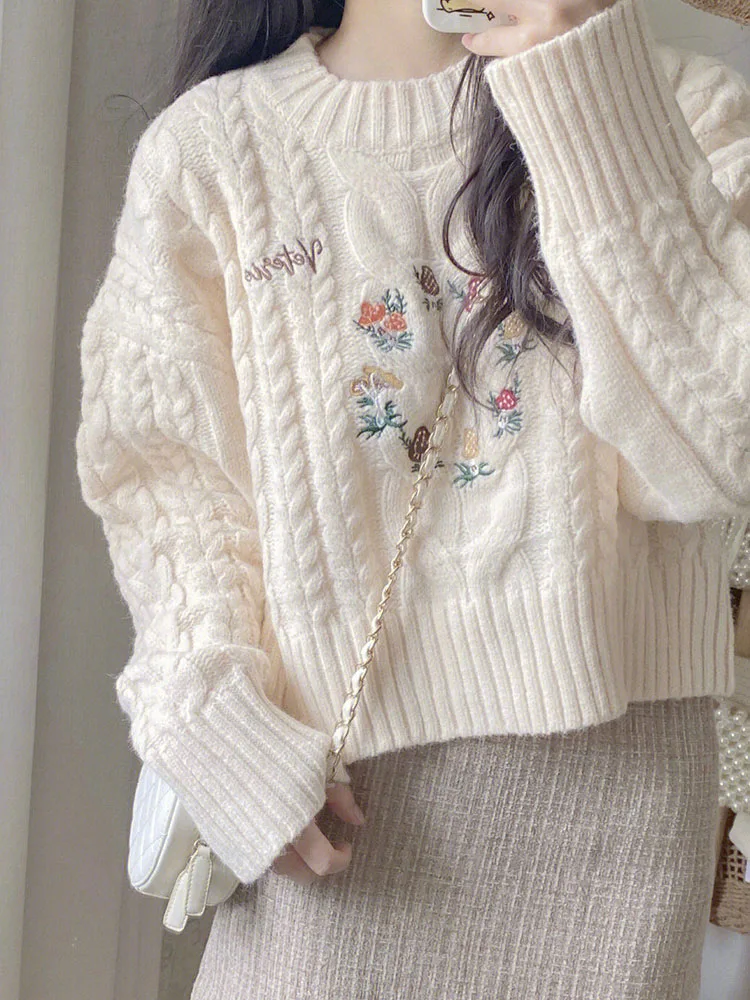 Zoki Chic Floral Embroidery Sweaters Women Japan Sweet Loose O Neck Knitted Jumper Tops Fashion Long Sleeve Cute Casual Pullover