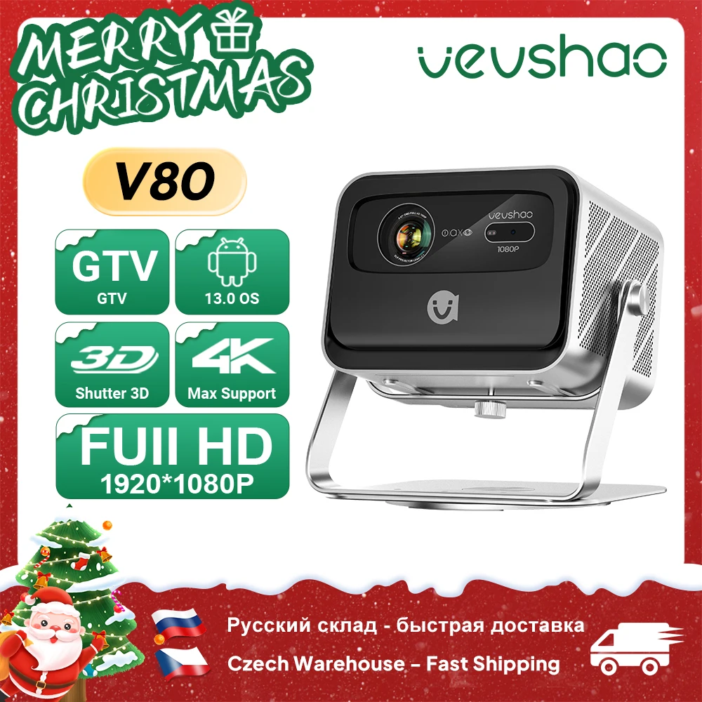 

Проектор VEVSHAO V80 4K Full HD1080P 2200 Anis Люмен Android 11,0 WiFi 6, проекторы для домашнего кинотеатра с базовой подставкой