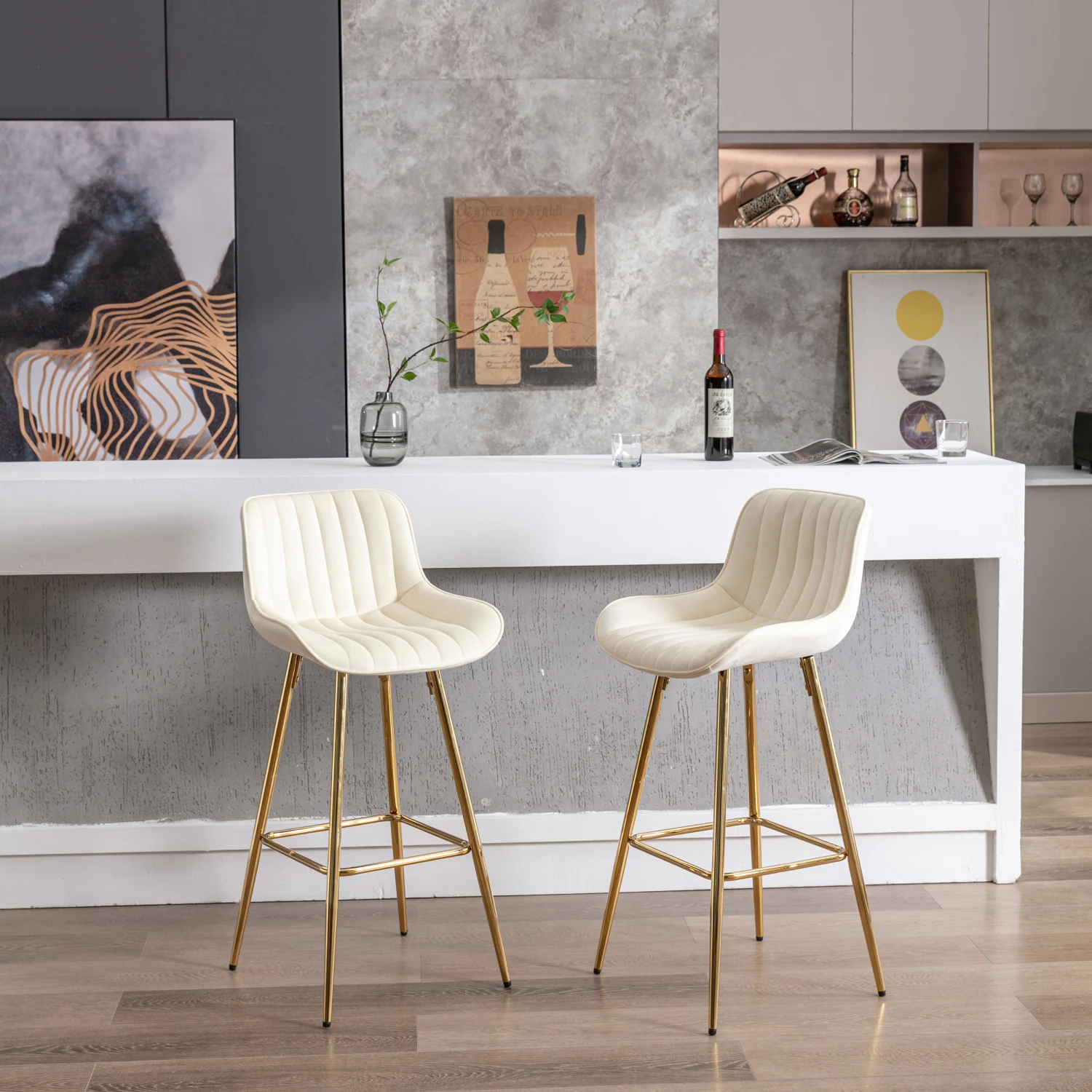 

30 inch Set of 2 Bar Stools,with Chrome Footrest Velvet Fabric Counter Stool Golden Leg Simple High Bar Stool,CREAM