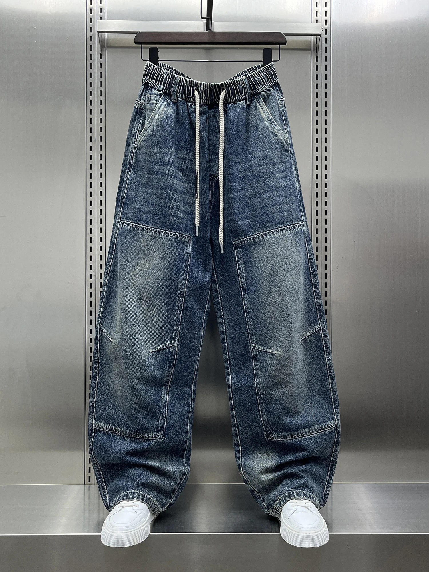 

Retro Patchwork Washed Men's Jeans Spring Autumn New Trend Loose Youth Popular Drawstring Straight Leg Wide Leg Pants