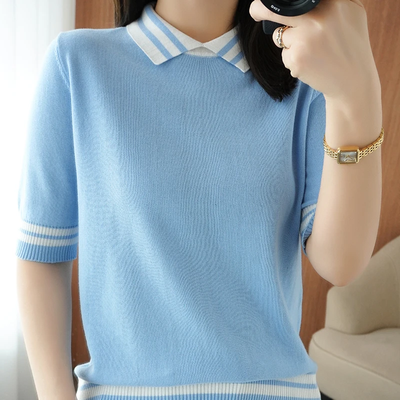 Summer New Half-sleeved Women Polo Collar Sweater Slim 100% Cotton Color Contrast Pullover T-shirt Knitted Base Casual Sweater