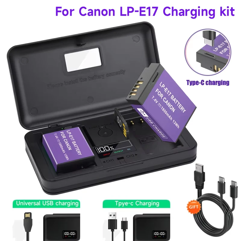 PALO LP E17 LP-E17 Akku mit Typ-C Eingang für Canon EOS 200D 250D M3 M5 M6 750D 760D T6i T6s 800D RP Kiss X8i SL2 mit LCD Ladegerät Fall