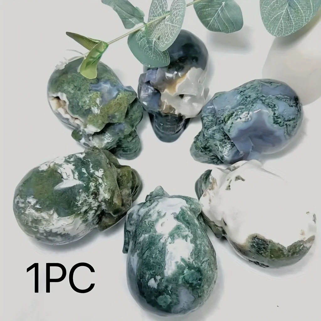 1pc Carved Skull Made from Natural Moss Agate Crystal, Polished Raw Stone, Perfect for Halloween Ghost-Themed Decor