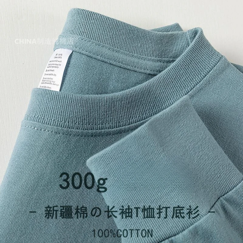 300G Heavy-duty Long-sleeved T-shirt Autumn Men's Pure Cotton Round Neck Pure White American Loose Bottoming Shirt Women