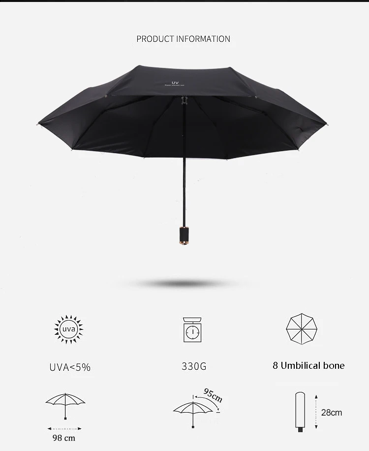 UV Umbrella Protection Sun Automatic Open and Close Umbrella Three Fold 8 skeleton Thickened Black Glue Sun UV Clean Umbrella