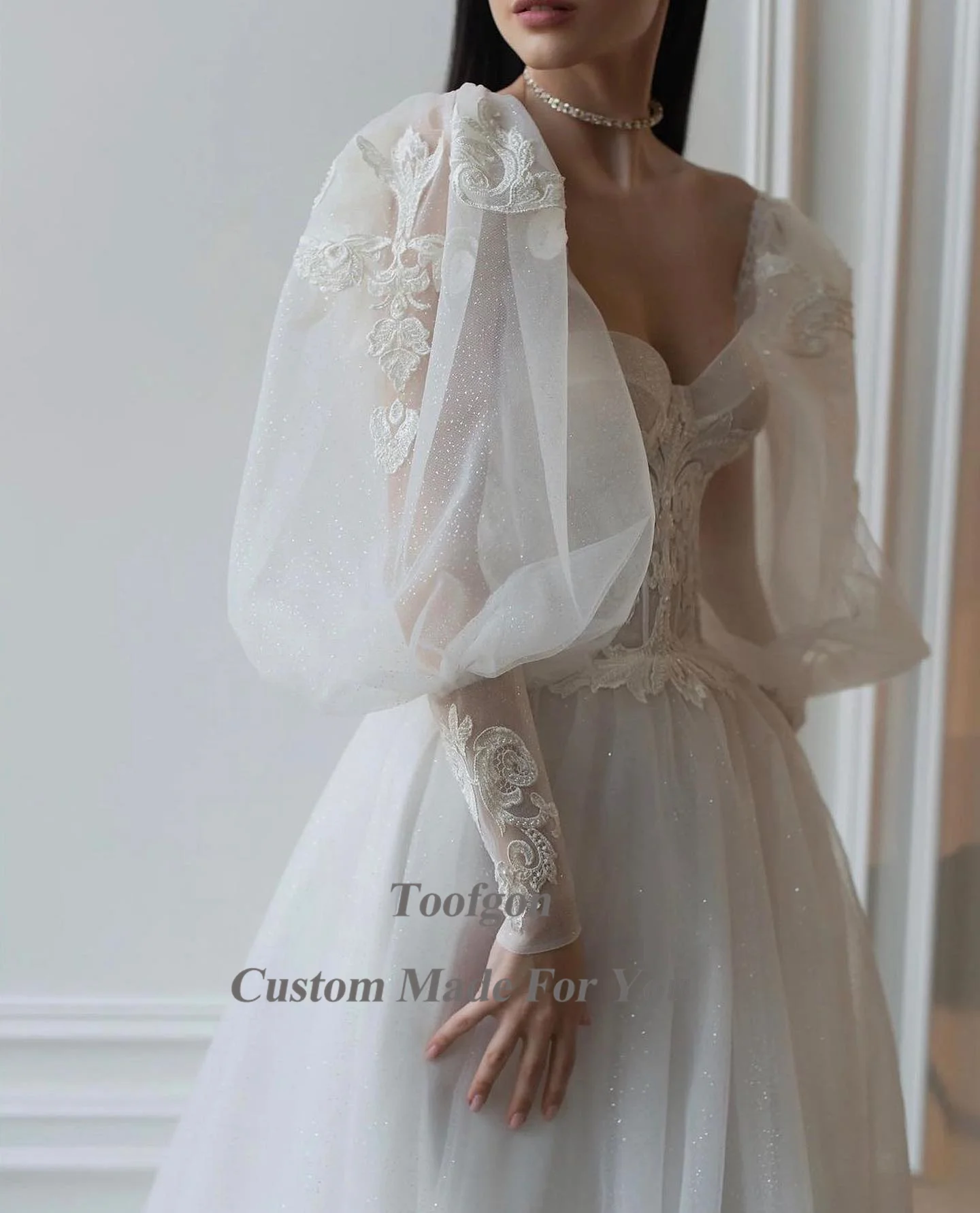 Toofgon-Robes de mariée à manches longues bouffantes en tulle de Rotterdam, robes personnalisées, appliques formelles, patients de la mariée, fête
